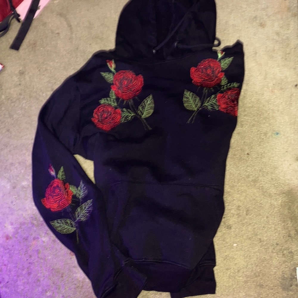 Rue 21 hoodie, Size Large, black with sleek rose design